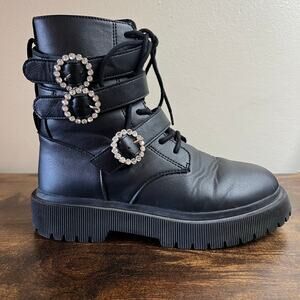 Zara Combat Boots 34 Girls 2.5 Black Faux Leather Lace Up Rhinestone Buckle Edgy